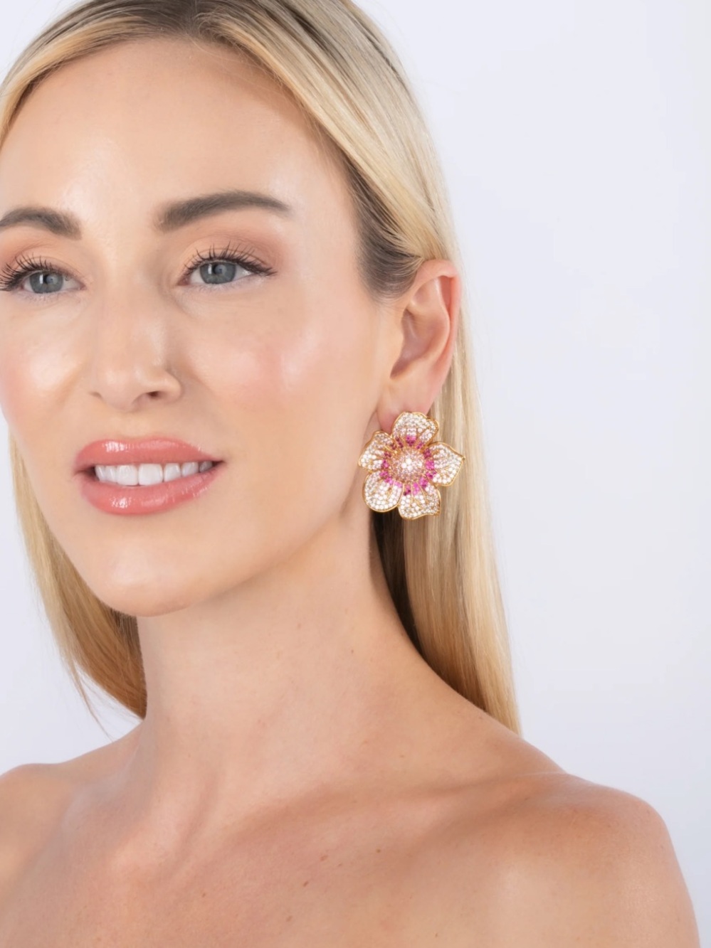 Pink Crystal Flower Stud Earrings - Elegant Floral Jewelry